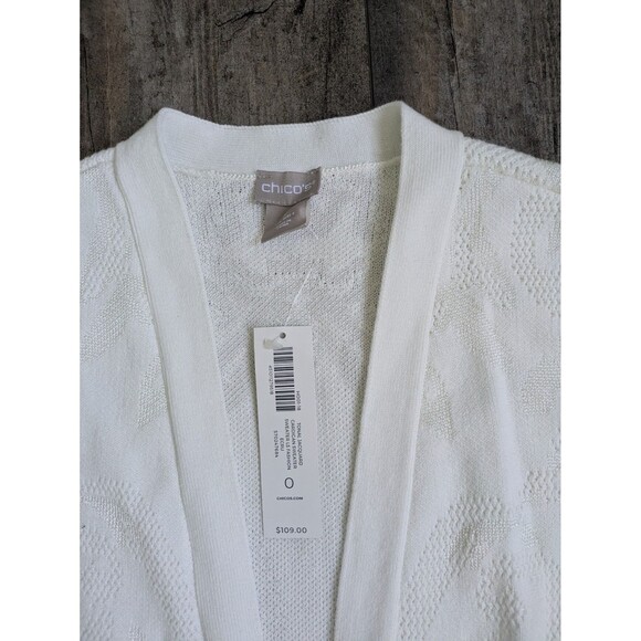 NWT Chico's Tonal Jacquard Cardigan Women's 4 Ivory Longline Open Front Textured - Picture 2 of 12